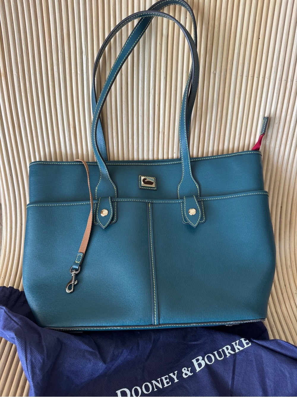 Dooney & Bourke Teal Leather Tote with Contrast Trim
